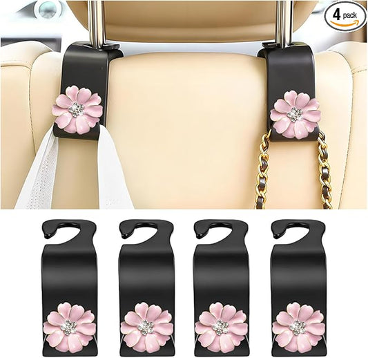 4PCS Bling Car Seat Headrest Hooks, Crystal Rhinestone Flower Vehicle Back Seat Hanger Holder Hook, Automotive Interior Hanging Storage Accessories for Purse Coats Bag, Universal Fit (Pink)