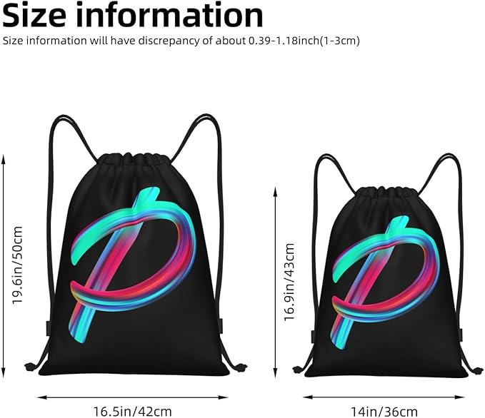 Drawstring Bags Initial Drawstring Backpack Sackpack Black Draw String Cinch Bags for Sports, Gym, Travel, Swimming, Beach, Camping, Rainbow Letter P
