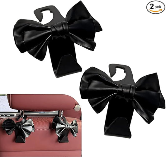 2PCS Car Seat Headrest Hooks, Cute Bow Car Backseat Storage Hooks, Lovely Leather Auto Purse Hook Hanger, Women and Girl Car Interior Accessories for Umbrellas, Coat, Bag (Leather-Black)