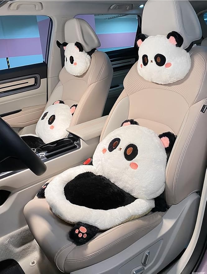 Cartoon Car Seat Cushion Lumbar Support Pillow and Neck Pillow, Cute Car Seat Pillow Headrest Pillow Back Support for Driving Fatigue Relief,for Office Chair Truck SUV (Panda Seat)