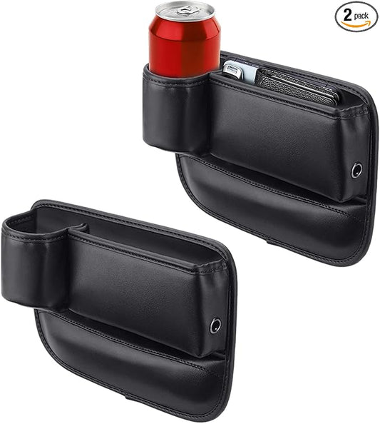 2Pcs Car Seat Gap Filler Organizer,Black Car Organizer with Cup Holder,Leather Car Seat Gap Plug with Storage Slot for Phones,Glasses,Keys,Cards
