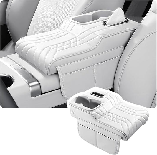 Car Armrest Storage Box for Cadillac XT4 2018–2025 2020 2021 2022 2023 2024, Sport-Style Center Console Organizer with Side Pocket, PU Leather Armrest Cushion, Elbow Support Pad,B White