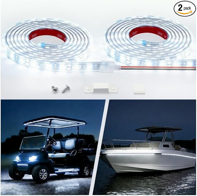 12V Marine Boat LED Light Strip Super Bright, 2 Pack 6.56FT IP68 Fully Waterproof RV Front Cap Lights, Golf Cart Underglow Roof Lights Strip for Truck ATV UTV SUV Car Pickup Trailer, Cuttable, White