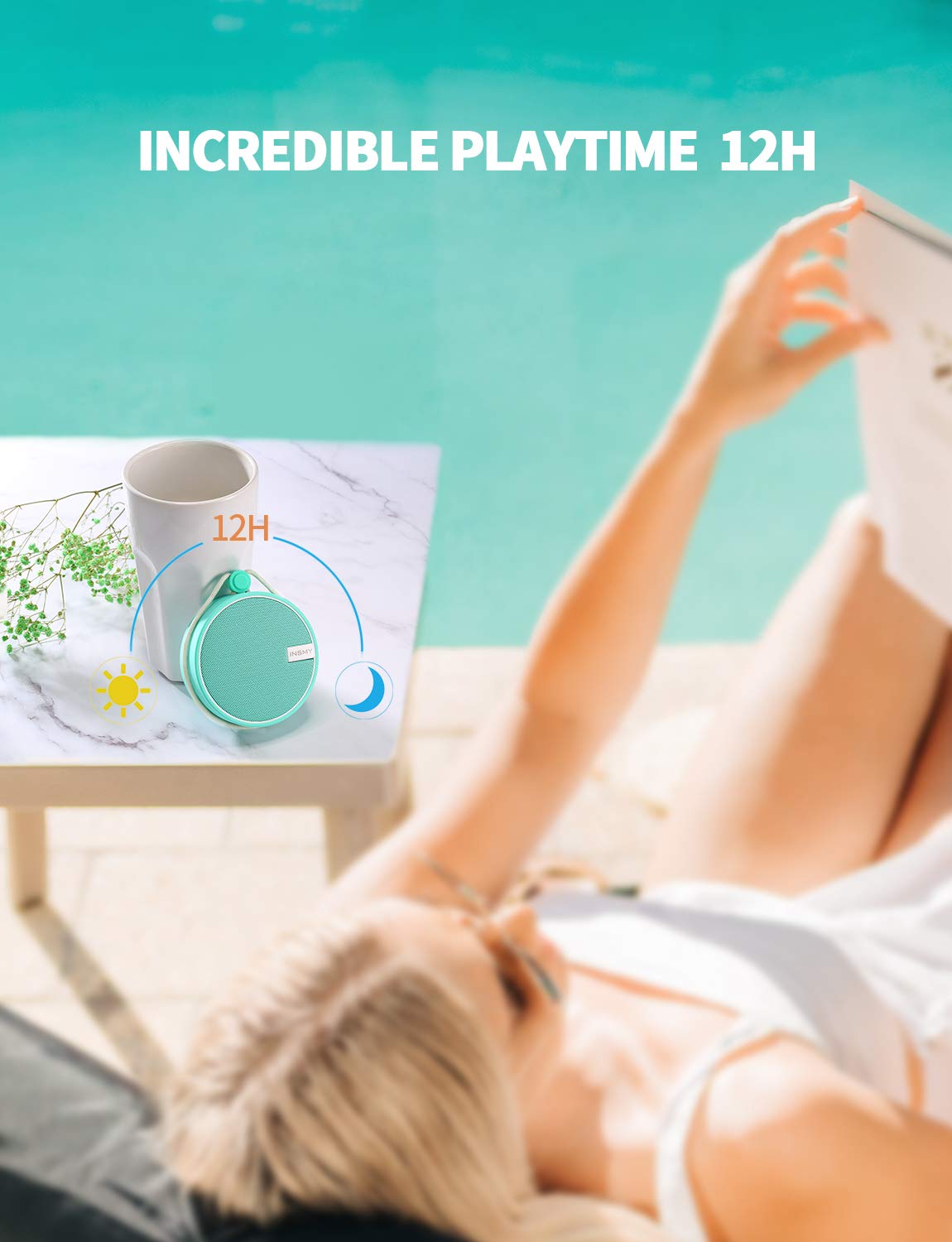 INSMY C12 IPX7 Waterproof Shower Bluetooth Speaker, Portable Small Speaker, Speakers Bluetooth Wireless Loud Clear Sound Support TF Card Suction Cup for Outdoor Kayak Canoe Beach Gift (Mint)
