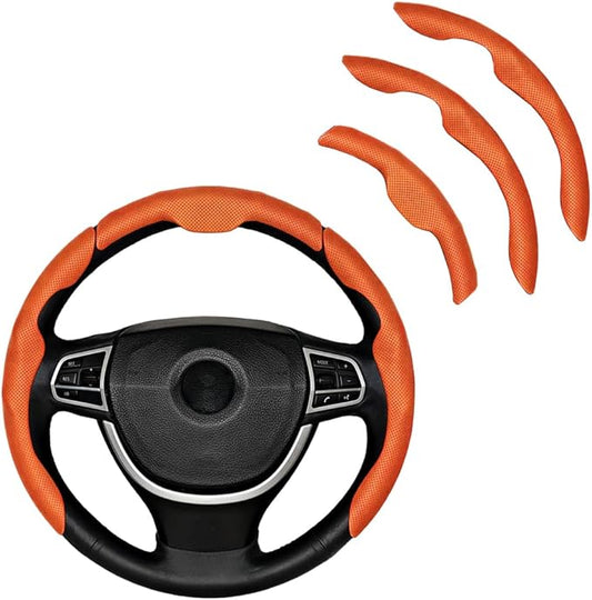 3PCS Car Steering Wheel Cover, Nappa Leather Breathable Non-Slip Segmented Steering Wheel Protector, Snap-on Auto Interior Decoration Accessories, Universal Fit (Orange)