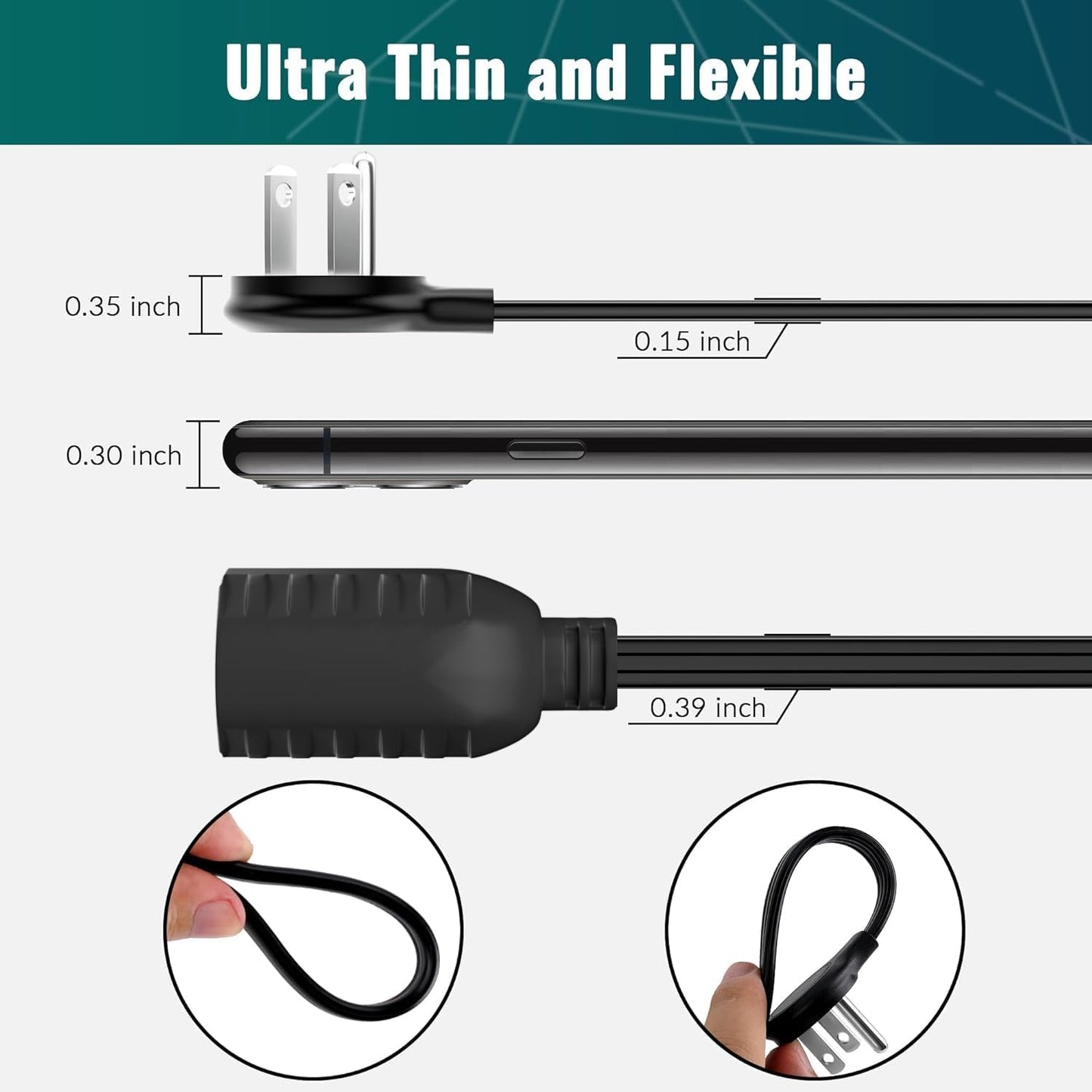 Elecan Flat Plug Extension Cord 50 Ft with Slim Space-Saving Plug Design, Thin Flat Cable Low Profile Power Cord 3 Prong Grounded Wire, 16 Gauge 13 A/125 V-Black-ETL Certified
