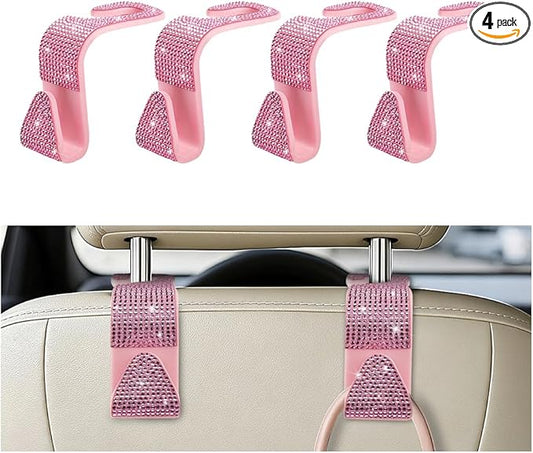 4PCS Bling Car Seat Headrest Hooks, Crystal Rhinestone Vehicle Back Seat Hanger Holder, Auto Interior Headrest Hanging Storage Organizer for Purse Handbag Coat, Universal Fit (Pink)