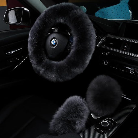 3Pcs Set Fashion Fluffy Fuzzy Wool Fur Soft Steering Wheel Cover with Handbrake Cover & Gear Shift Cover for Women Girls Car Decoration Long Wool Accessories 14 1/2-15 1/2 inchs (Steel)