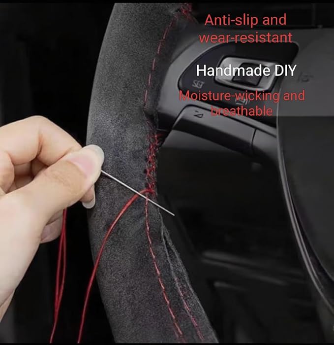 Steering Wheel Cover (Suede Leather), DIY Hand Sewn, Suitable for Both Men and Women, 15 inch Universal（Black）
