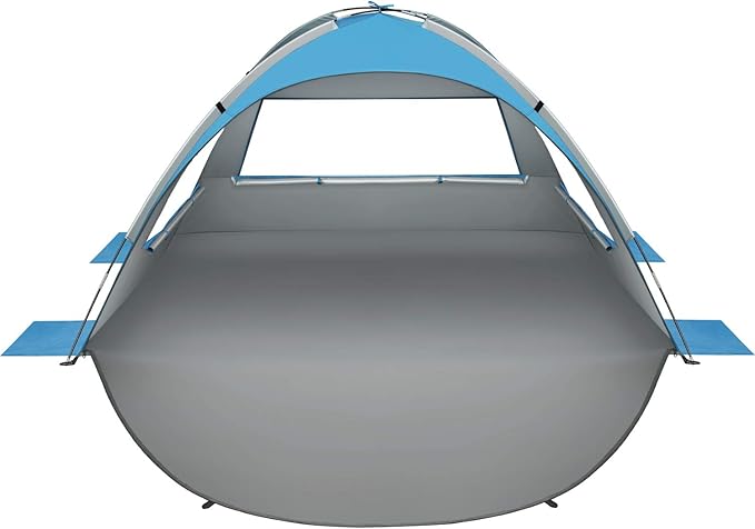 Oileus Beach Tent 2-3 Person Portable Sun Shade Shelter UV Protection, Extended Floor Ventilating Mesh Roll Up Windows Carrying Bag Stakes 6 Sand Pockets Fishing Hiking Camping,Blue