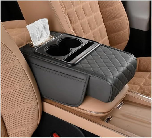 Car Center Console Cover, Memory Foam Nappa Leather Vehicle Armrest Cushion with Tissue Box, 2 Storage Bag & Holder, Automotive Arm Rest Protector Accessories, Universal Fit (Light Gray)