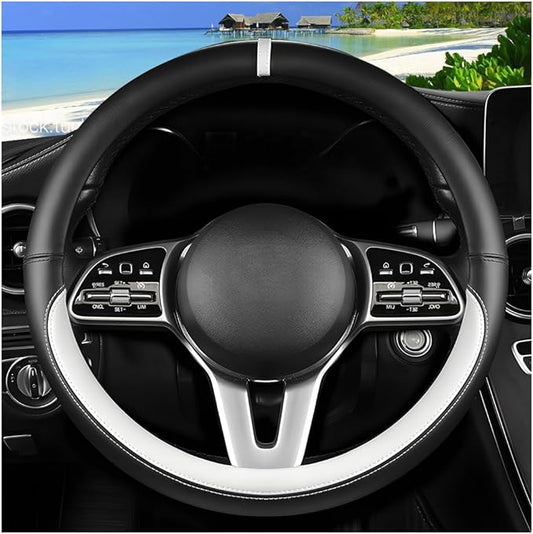 Car Steering Wheel Cover, 15 Inch Leather Anti-Slip Breathable Vehicle Steering Wheel Protector, Automotive Interior Protection Accessories, Universal for SUV Sedan Truck (Black/White)