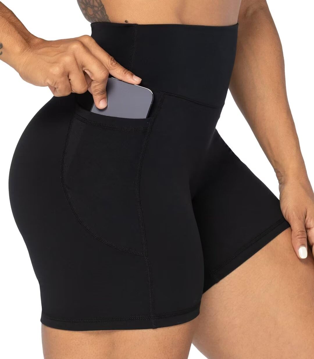 Sunzel Women's Biker Shorts in High Waist Tummy Control with Deep Pockets 5" Black+Black (2 Pack) X-Large