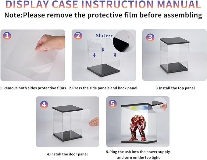 Clear Acrylic Display Case with Light for Lego Helmet, Multiple Color Lights Dustproof Protection Display Box for Collectibles Action Figures（7×7×9inch）