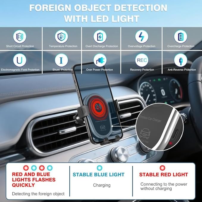 15W Fast Wireless Car Charger, Phone Holder, Auto-Clamping Air Vent Phone Charger for Car (Black)