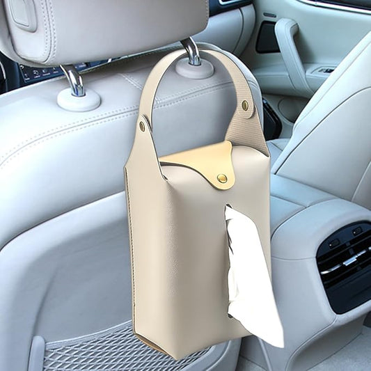 Car Tissue Holder, Large Car Headrest Hanging Tissue Box Cover, PU Leather Auto Napkin Holder, Universal Vehicle Backseat Paper Organizer for Cars Sun Visor (Grey)