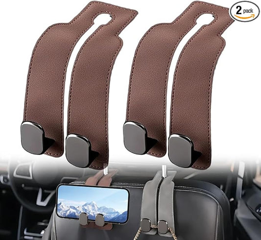 Car Seat Back Storage Hook, 2026 New Two Hook Fur Leather Seat Back Headrest Hanger Genuine Leather Double Metal Hook for Backseat Organizer, Car Organization Accessories (2, Brown)