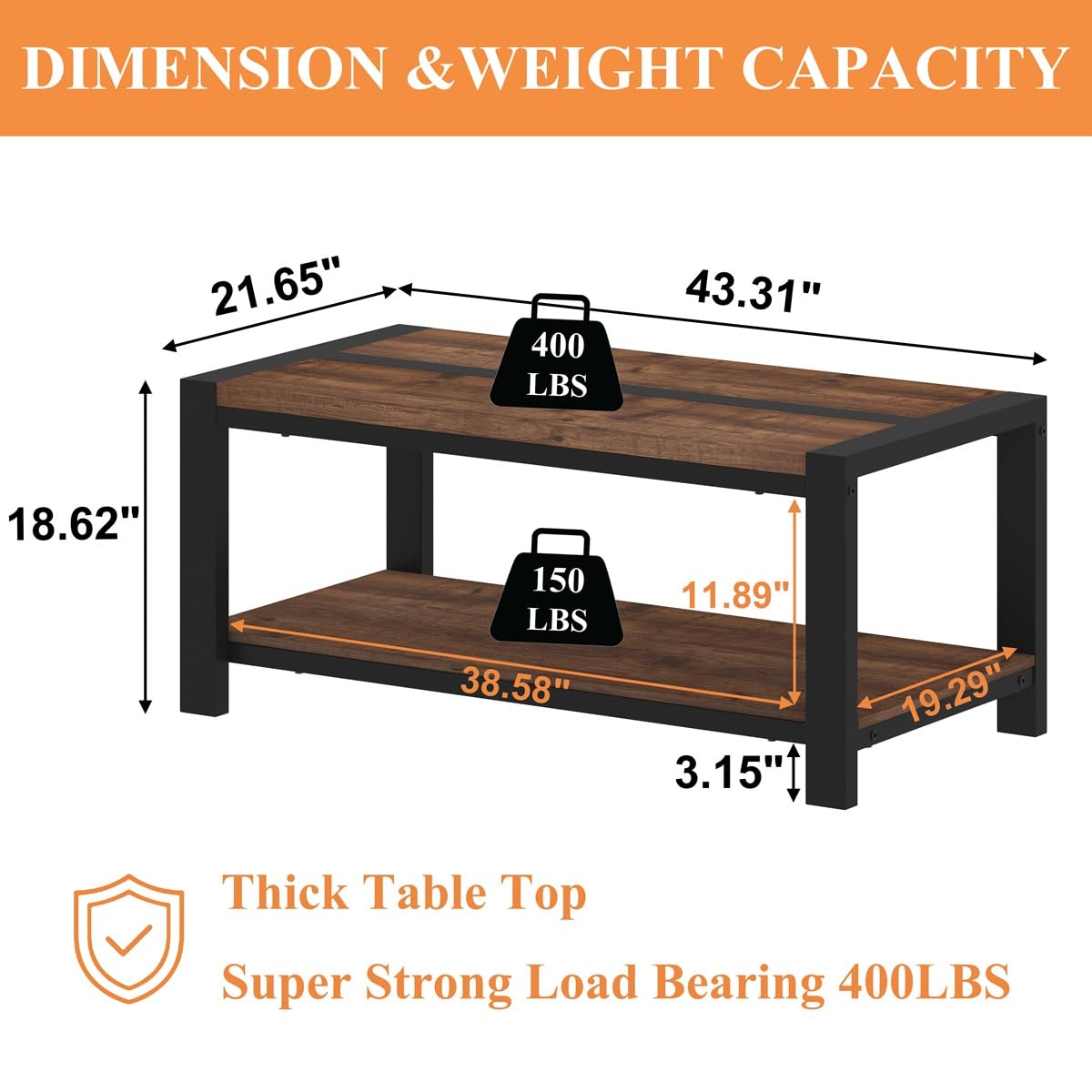 BON AUGURE Coffee Table for Living Room, Industrial Wood and Metal Living Room Tables, Farmhouse Rectangular Center Table (Rustic Oak, 43 Inch)