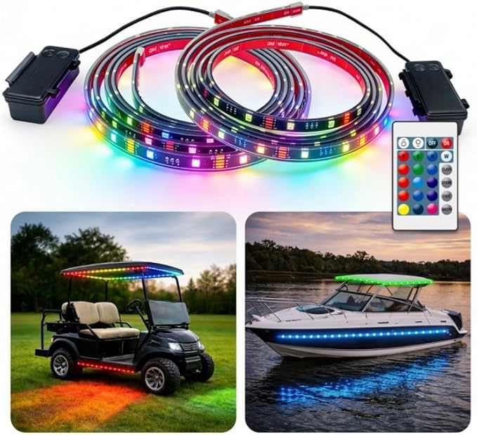 Battery Powered Golf Cart Canopy Lights, 2 Pack 4FT IP68 Fully Waterproof Golf Cart Roof Light Strip with Remote, Golf Carts Underglow RGB Led Strip Lights for EZGO Yamaha Marine Boat Kayak SUP UTV