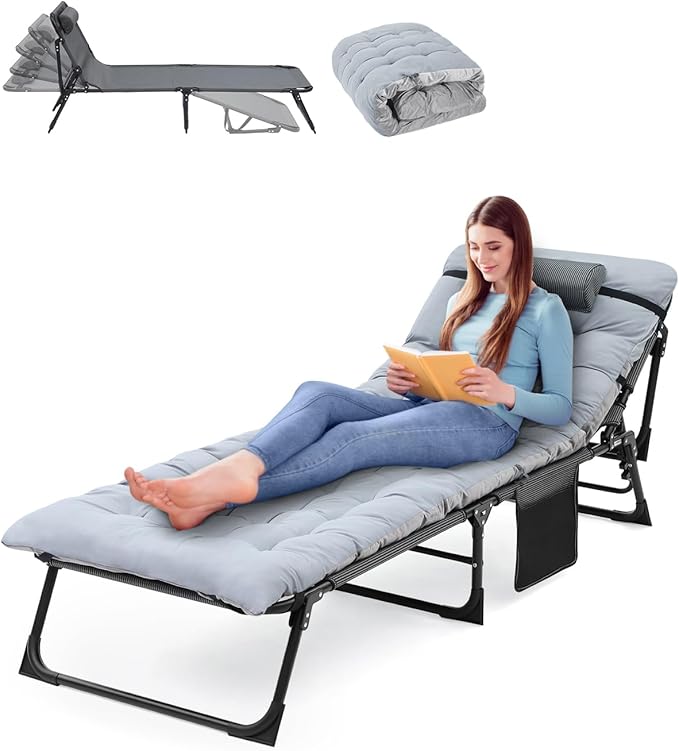 Sportneer Sleeping Cots for Adults: 5-Angle Adjustable Folding Bed with Thick Mattress - 450lbs Max Load Padded Camping Cot with Easy Setup & Takedown for Outdoor Travel Sleep Over, Size 76''x27''