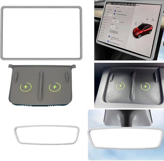 3pcs 3 in 1 DIY Silicone Pad for Tesla，Center Console Wireless Charging Non Slip Silicone Pad + Screen Protector Frame + Rear View Mirror Cover Compatible with Tesla Model 3/Y 2021-2023