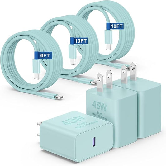 45W iPhone 16 15 Pro Max Charger Fast Charging 6FT/10 FT/10FT, Super Fast USB C Charger Block with Extra Long Type C Charging Cable, PD Quick Adapter 3.0 for iPhone 16 15/16e 15Pro/16 15 Plus-Green