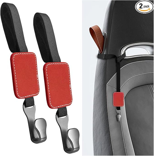 2PCS Car Seat Headrest Hooks, Stylish Suede Automotive Backseat Storage Hanger, Universal Vehicle Interior Seat Organizer Accessories for Purse, Handbag, Umbrella, Grocery (Red)