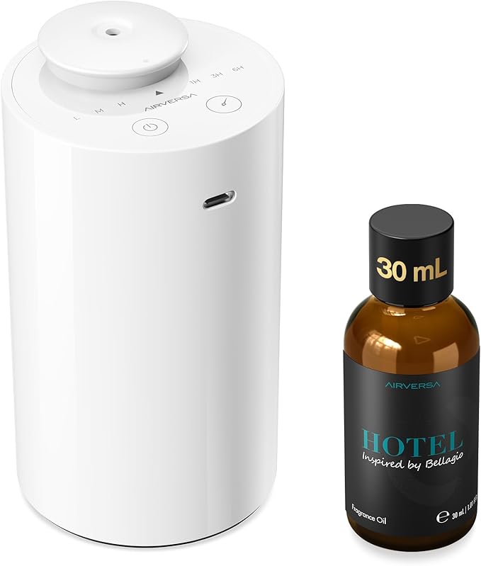 Airversa Waterless Essential Oil Diffuser Starter Kit with 30mL Hotel Fragrance Oil Inspired by Blagio, Battery Operated Car Diffuser, Portable Aroma Nebulizer for Home Car Office, AN6Kit-D, White