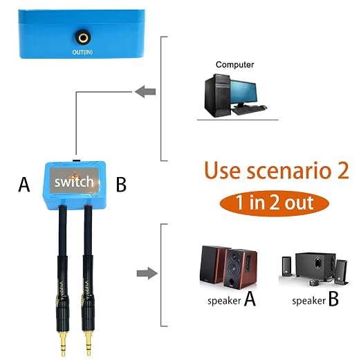 20ft Sound Channel swicher 1/8" aux Input 3.5mm Female to 2X 3.5 Output Switch