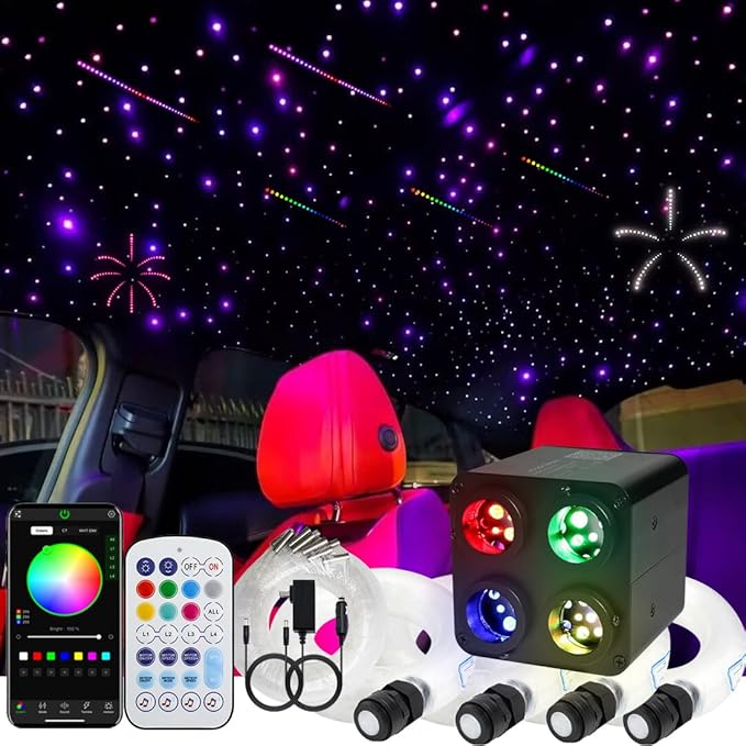 AZIMOM 4Colors 2 in 1 Meteor Twinkle Fiber Optic Starlight Headliner Kits 800pcs 0.03in 9.8ft Fiber Strands,RGB Meteor Shooting Star 240pcs, Sound Remote APP Control Home Ceiling Car Headliner Decor