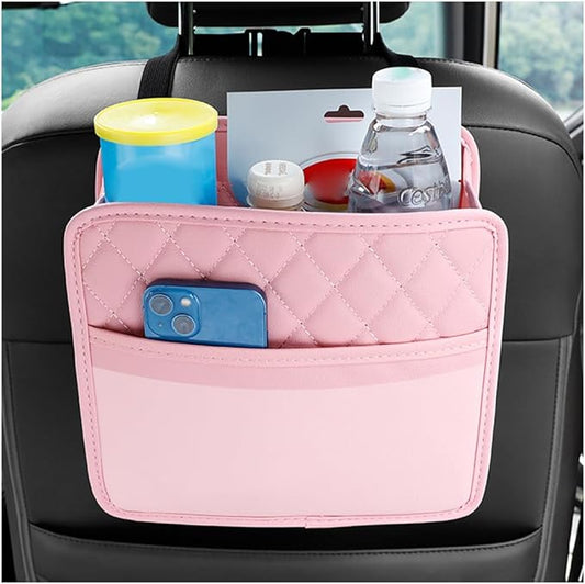 Car Seat Back Organizer, Leather Multipurpose Collapsible Vehicle Backseat Hanging Bag, Portable Automotive Interior Seat Storage Organizer, Universal for SUV RV Truck (Pink)