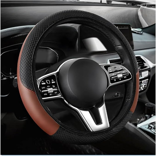 Car Steering Wheel Cover, 15 Inch Anti-Slip Stretch Leather Steering Wheel Protector, Comfortable Breathable Sporty Steering Wheel Cover for Women Men, Car Accessories (Black & Khaki, AD)