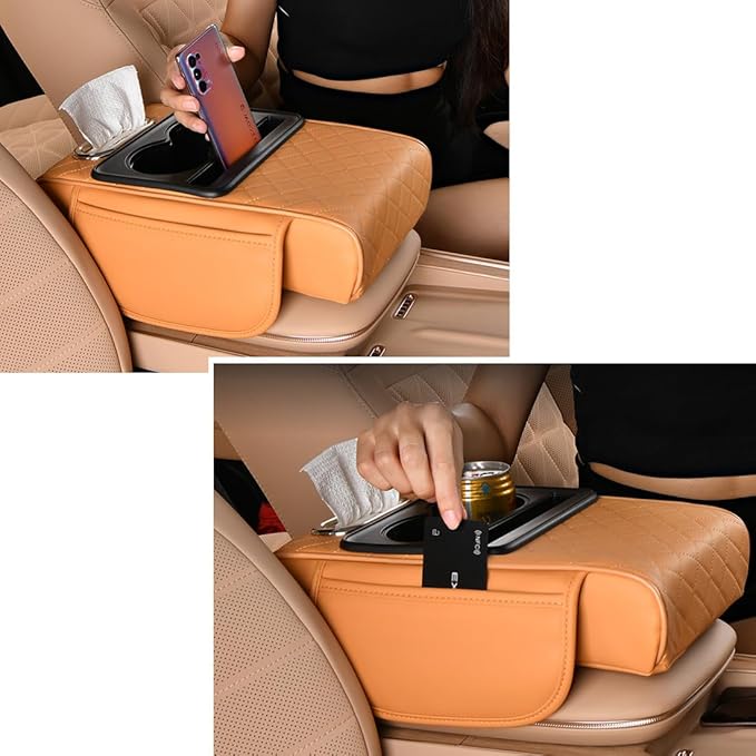 Car Armrest Cushion for SUV with Cup Holder 2.75" Height,5-in-1 Center Console Cover with 2 Storage Bags, Tissue Box Slot, Phone Slot for Sedans, Car Accessories Interior Organizers (Beige)
