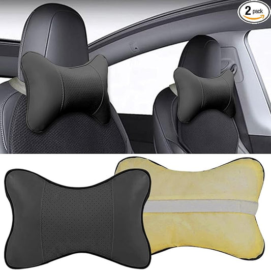 2PCS Car Neck Pillow, PU Leather Headrest Cushion with Adjustable Strap, Ergonomic Soft Headrest Pillow, Universal Multi-Function Auto Lumbar Support Accessories for Pressure Relief (Black)