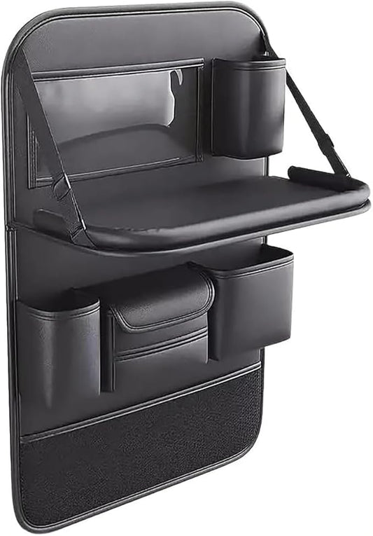 Car Backseat Organizer with Foldable Table Tray - Universal Auto Seat Back Organizer with Tablet Holder, Kick Mats Protector, Storage Pockets for SUV Sedan