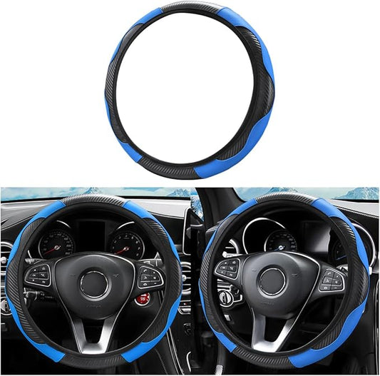 Car Steering Wheel Cover, Elastic Anti-Slip Microfiber PU Leather Auto Steering Wheel Protector, Comfortable Vehicle Interior Protective Accessories, Universal for RV, SUV, Truck (Black/Blue)