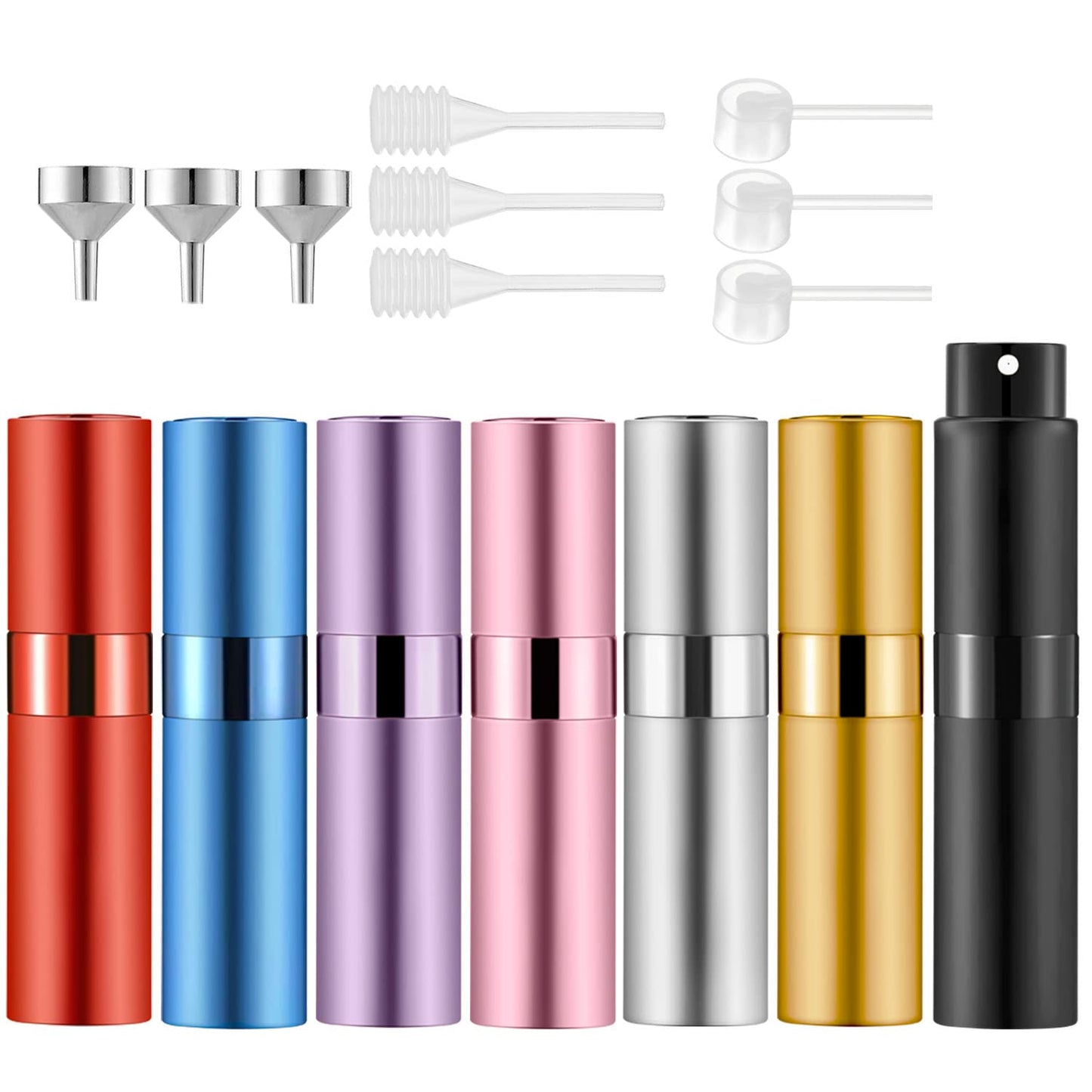 Lil Ray 8ml Portable Mini Perfume Atomizer(4 PCS)，Refillable Empty Small Spray Bottle for Travel, Twist Type Pocket Cologne Sprayer (Matte Black, Pink, Blue, Silver)