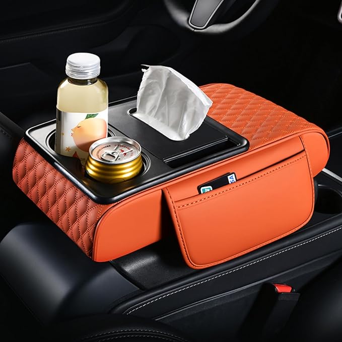Car Center Console Armrest Pad, Arm Rest Box Cushion with Ergonomic Height Boost, Storage Pockets, Built-in Tissue Box, Cupholder, Fit for Most Sedan Vehicles (Embroidery Water Ripple, Grey)