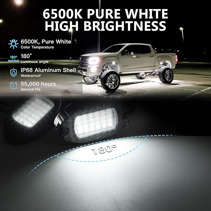 4 Pods Pure White LED Rock Lights, IP68 Waterproof Aluminum 6500K Bright White Underglow Light with Extension cord Harness,12V Metal Fender Lights for ATV UTV SXS RZR Car Golf Cart Trucks Off Road Etc