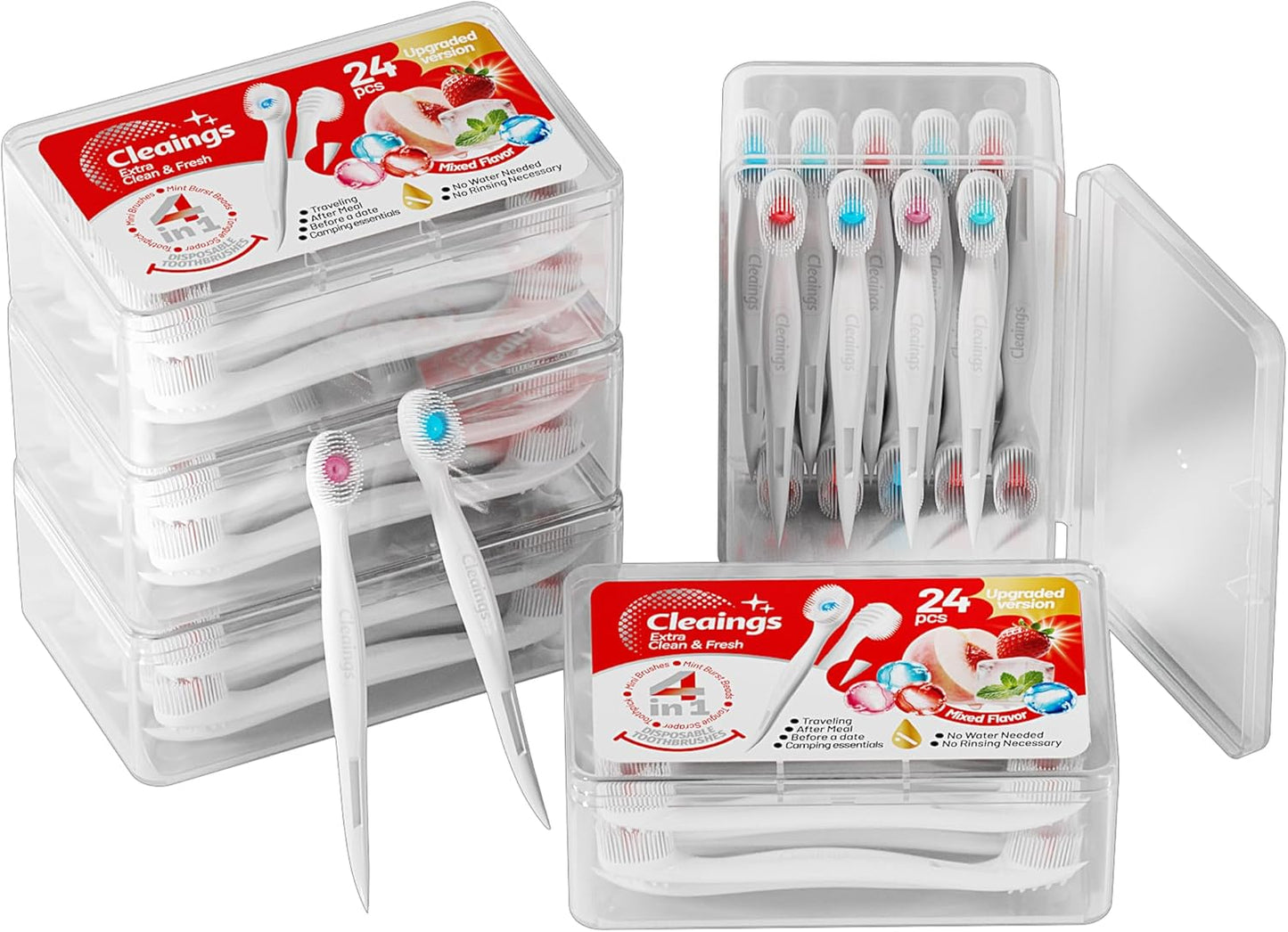 cleaings® Mini Disposable Toothbrush Set with Toothpaste – Travel Essentials, Portable Toothbrush for Women & Men, Camping, Road Trip, Vacation, 24 Count-Mix Flavor（Pack of 5）