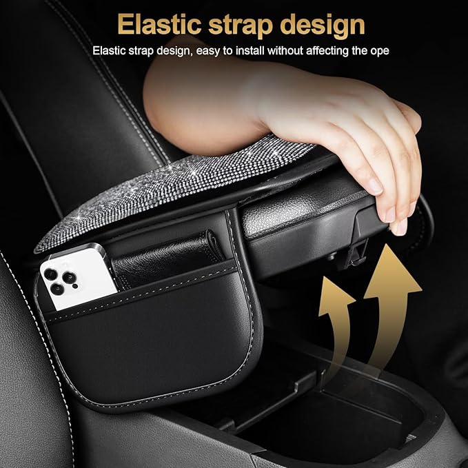 Bling Center Console Cover Fit for Toyota Camry with 2 Storage Bags Fully Diamond-Studded Style Center Console Armrest Cover with Total Protection(Silver Diamond)