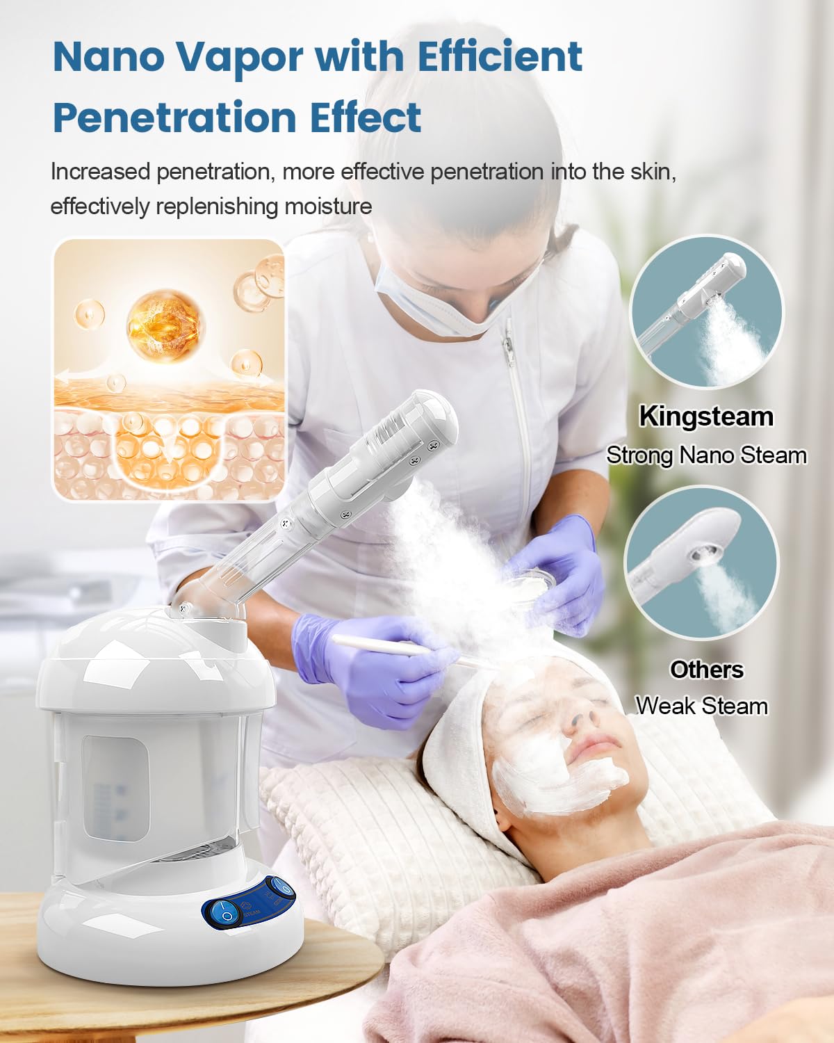 Tabletop Facial Steamer - Kingsteam Nano Ionic Face Steamer with 360° Rotating Arm, Moisturize, Remove Blackheads, Portable Facial Steamer for Home Facial Spa or Beauty Salon, White