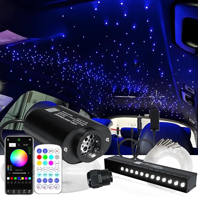 AZIMOM Mini 6W Twinkle 550pcs0.03in 9.8ft Fiber Optic Starlight Headliner+180pcs Fiber Pure White Meteor Shooting Star for Car Home, End Glow Fiber Strands Sound-Activated APP& Remote Control