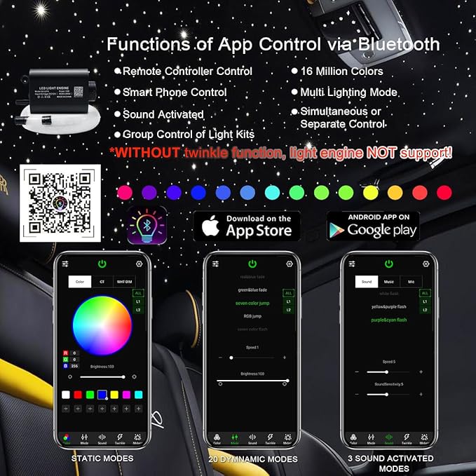 AKEPO 16W Car Home RGBW APP Fiber Optic Lights Starlight Headliner Light Kit,Mixed Fiber Cable 430pcs（0.75+1+1.5mm） 9.8ft/3m+28key RF Remote +Music Activated Effect
