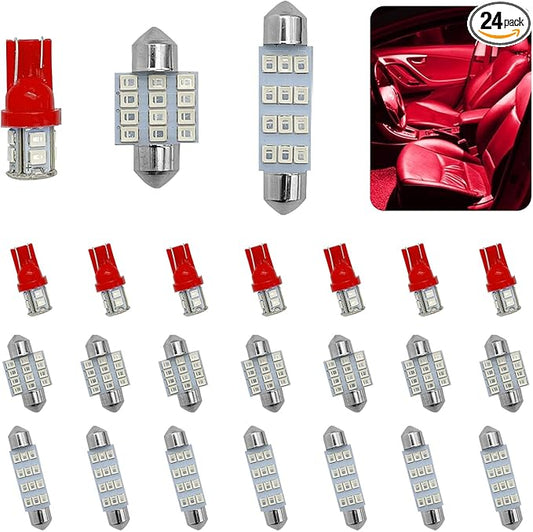 24PCS LED Interior Car Lights, Interior Car Lights Dome Light Set T10 31 mm 42 mm Replacement Bulbs for Top Map Dome Tail Cab Lights and License Plate Courtesy Lights Accessories (Red)