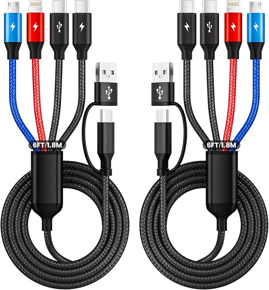 6FT 2Packs Travel 4 in 2 Charging Cable with Dual Type-C Ports, USBA/C Multi Charging Cable for Multiple Devices, Tinned Copper Universal Car Charger for iPhone17-12, Android Tablet Pad and More