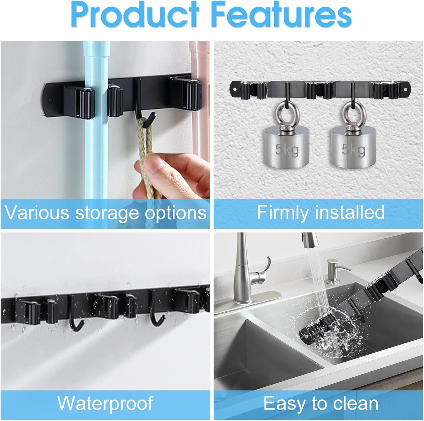 Huryfox Mop and Broom Holder Wall Mounted - Sturdy Stainless Steel Rack with Utility Hooks, 5 Racks, 4 Hooks Adjustable Design and Multiple Storage Organiser Options, Perfect for Kitchen