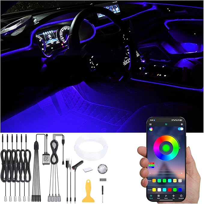 Car Ambient Footwell Lighting Optic Fiber 64 Colors Music Sound Active with APP Control Car Decorative Atmosphere Lighting Kit DC 12V 1W 8m
