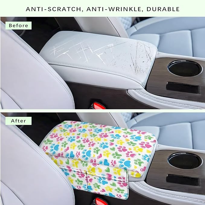 Dreaweet Colorful Dog Paw Arm Rest Cover for Car Women Thick Center Console Armrest Pad with Pockets Auto Accessories Interior Car Center Console Cushion Pad