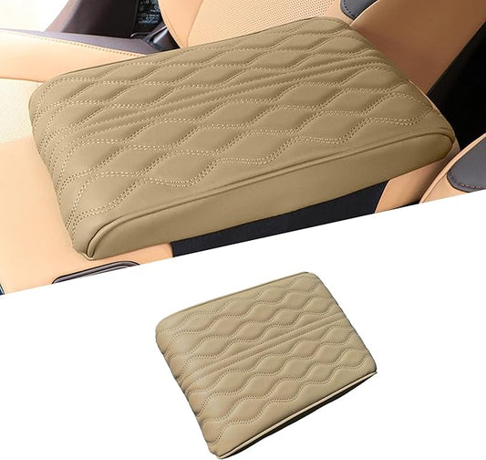 Car Center Console Cover, Leather Waterproof Vehicle Armrest Box Pad, Memory Cotton Comfortable Automotive Interior Seat Box Cushion Protector Accessories, Universal for Most Cars (Beige)